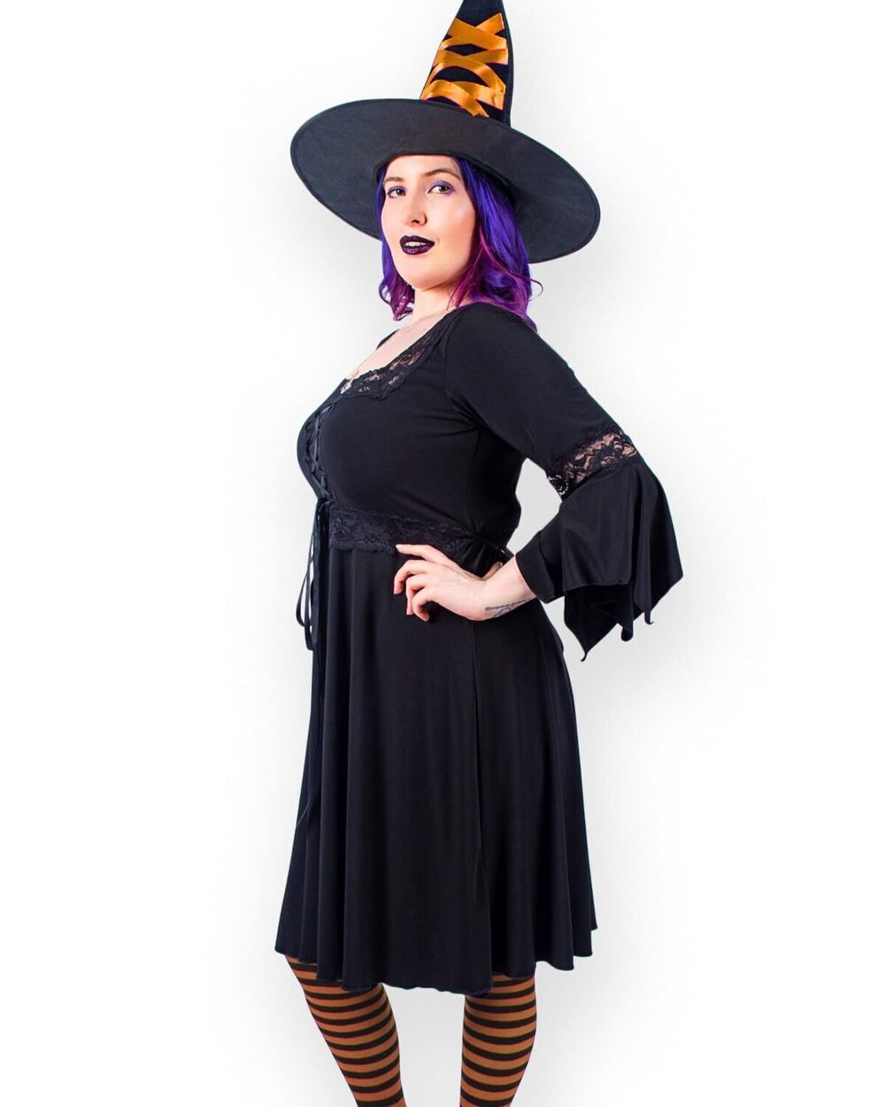 6537 Sorceress Costume: Ribbon Witch Hat, Pentagram Pendant, Striped Tights